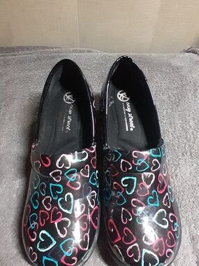 easy street Black Slip-On Moccasins with Teal & Pink Heart Print